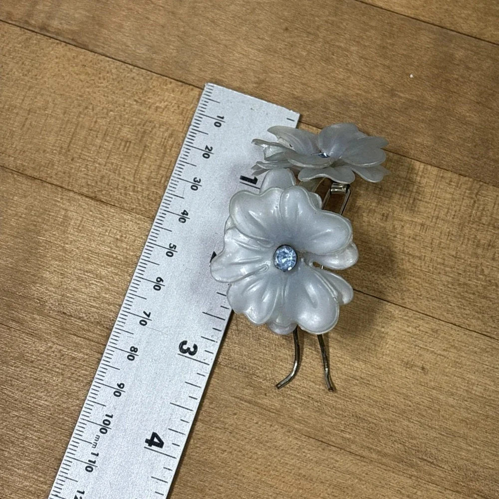 Vintage 1940s 50s Atomic Age Lucite Floral Barrette Blue Rhinestone